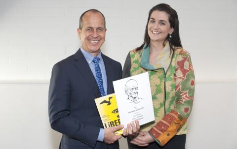 Peter Greste receives on behalf of his colleagues Baher Mohamed and Mohamed Fahmy Liberty Victoria's Voltaire Award 2015
